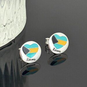 Bahamas Heart Flag Earrings S925 Sterling Silver Handmade Ear Stud